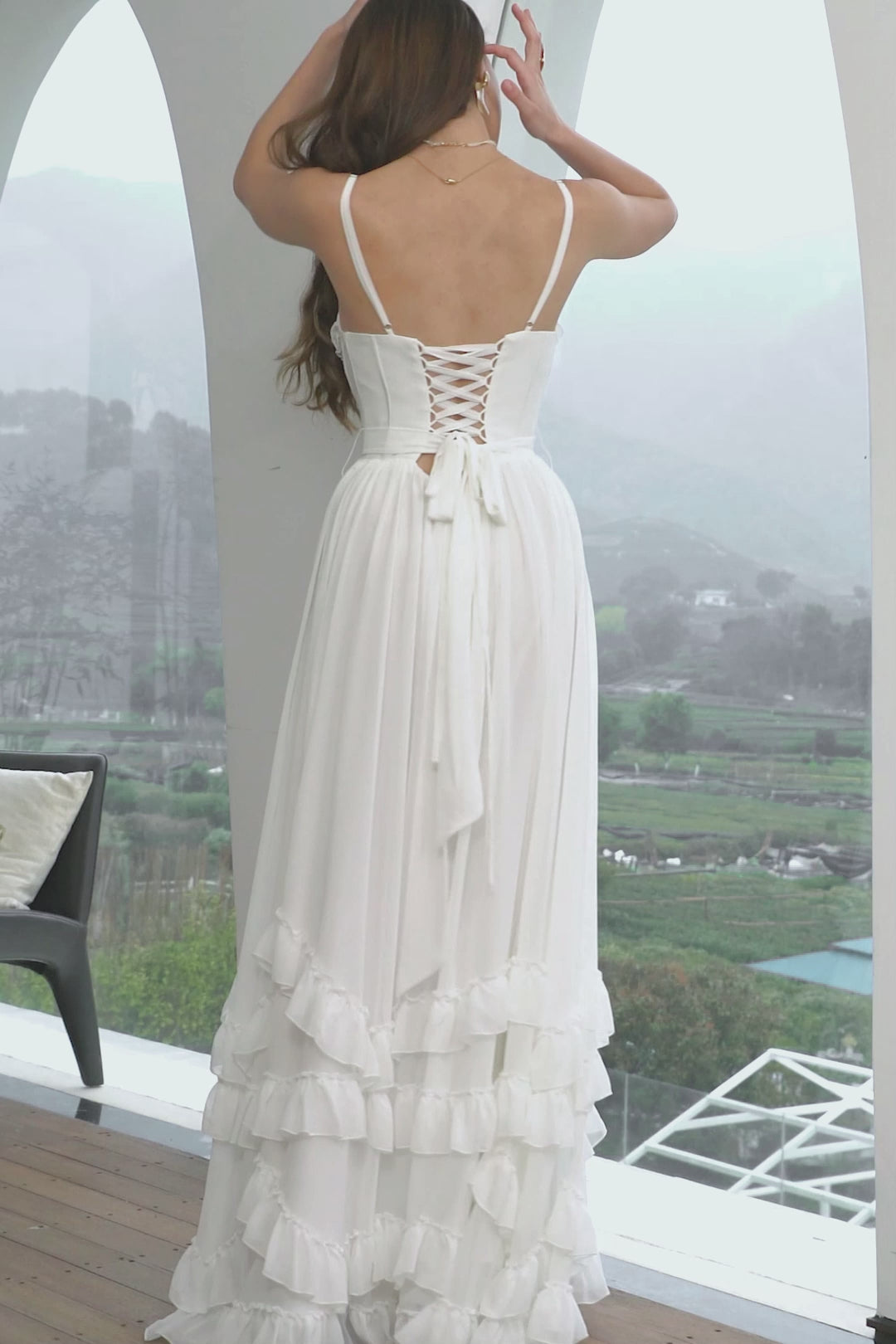 Simple White Ruffled Chiffon Corset Engagement Party Dress with Slit
